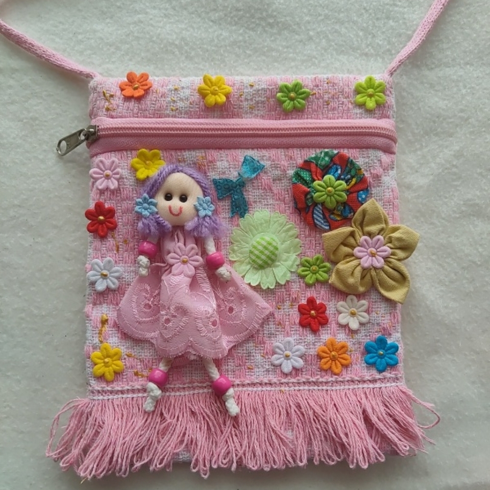 3D Detail Pink Purse- Doll Floral Applique Patchwork Granny Whimsy Embroidery